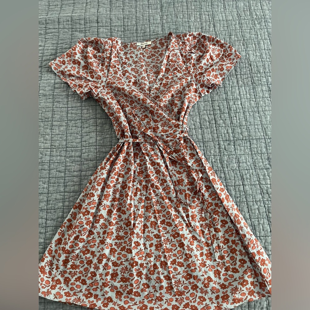 Madewell Cream Midi Wrap Dress with Rust Floral Print